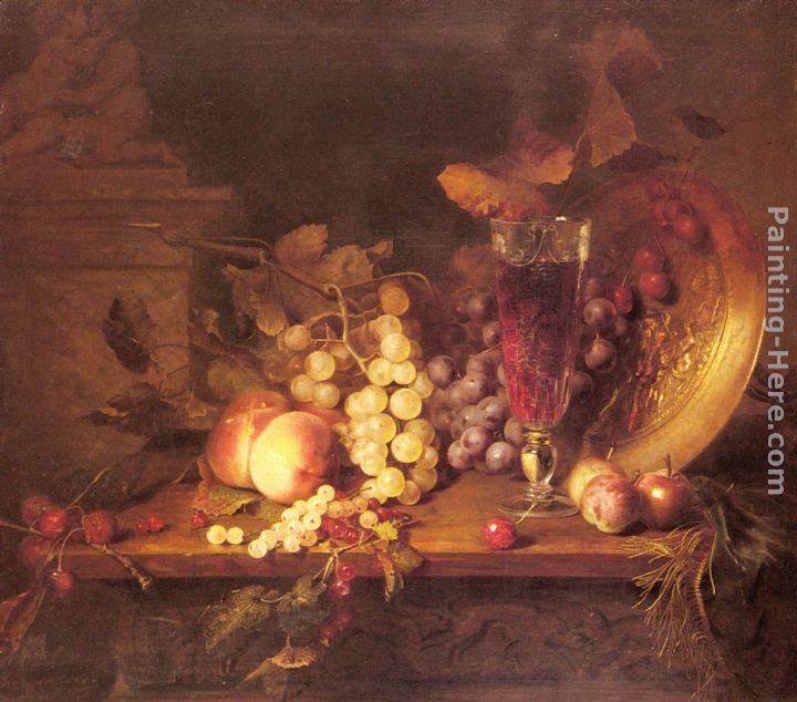 Blaise Alexandre Desgoffe Still Life with Fruit, a Glass of Wine and a Bronze Vessel on a Ledge